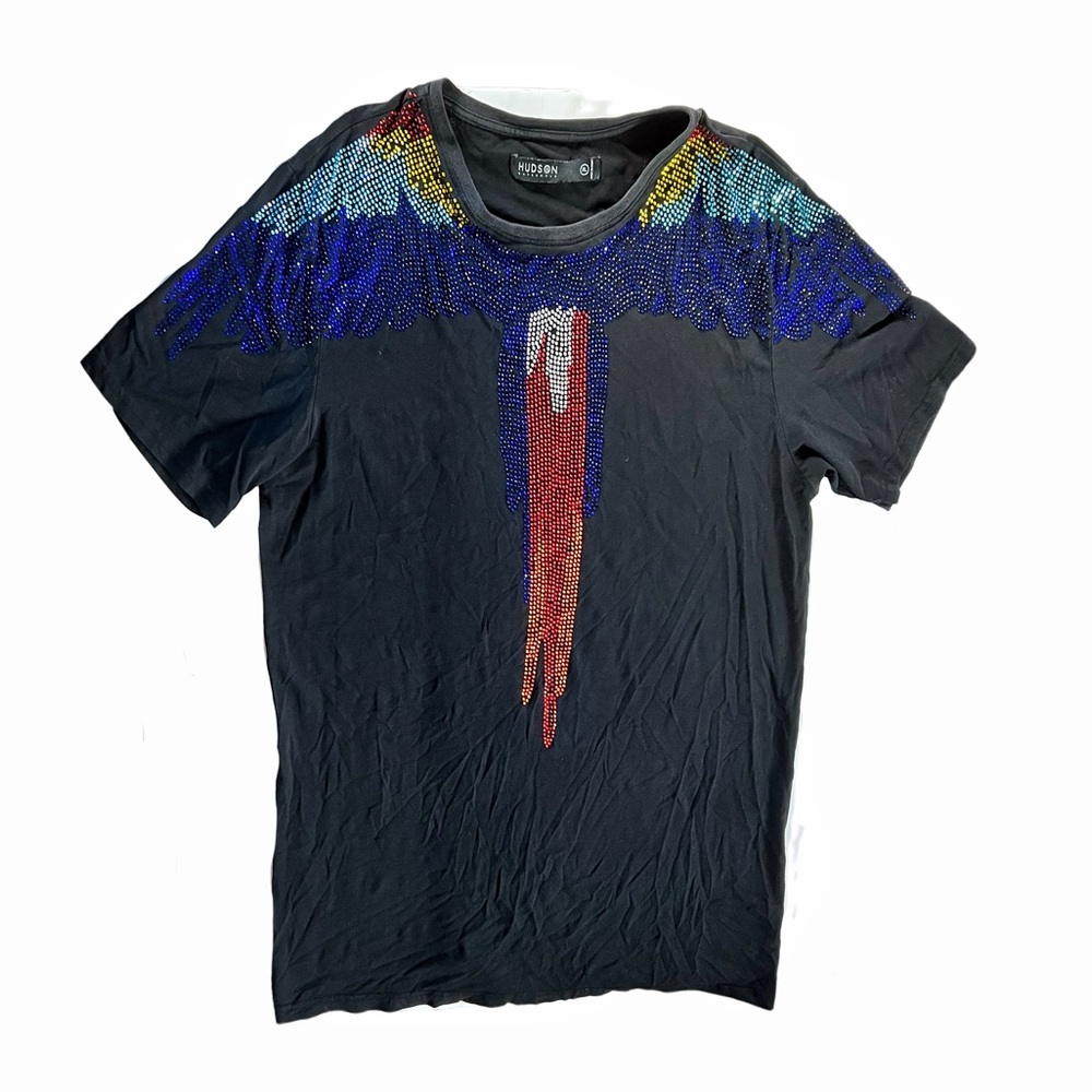 Hudson Outerwear Rhinestone Bird Wings 100% Soft Cotton Faded Black T-Shirt